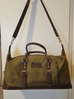 Shoulder Sling Canvas And Leather Duffel - Olive Green with Leather Trim